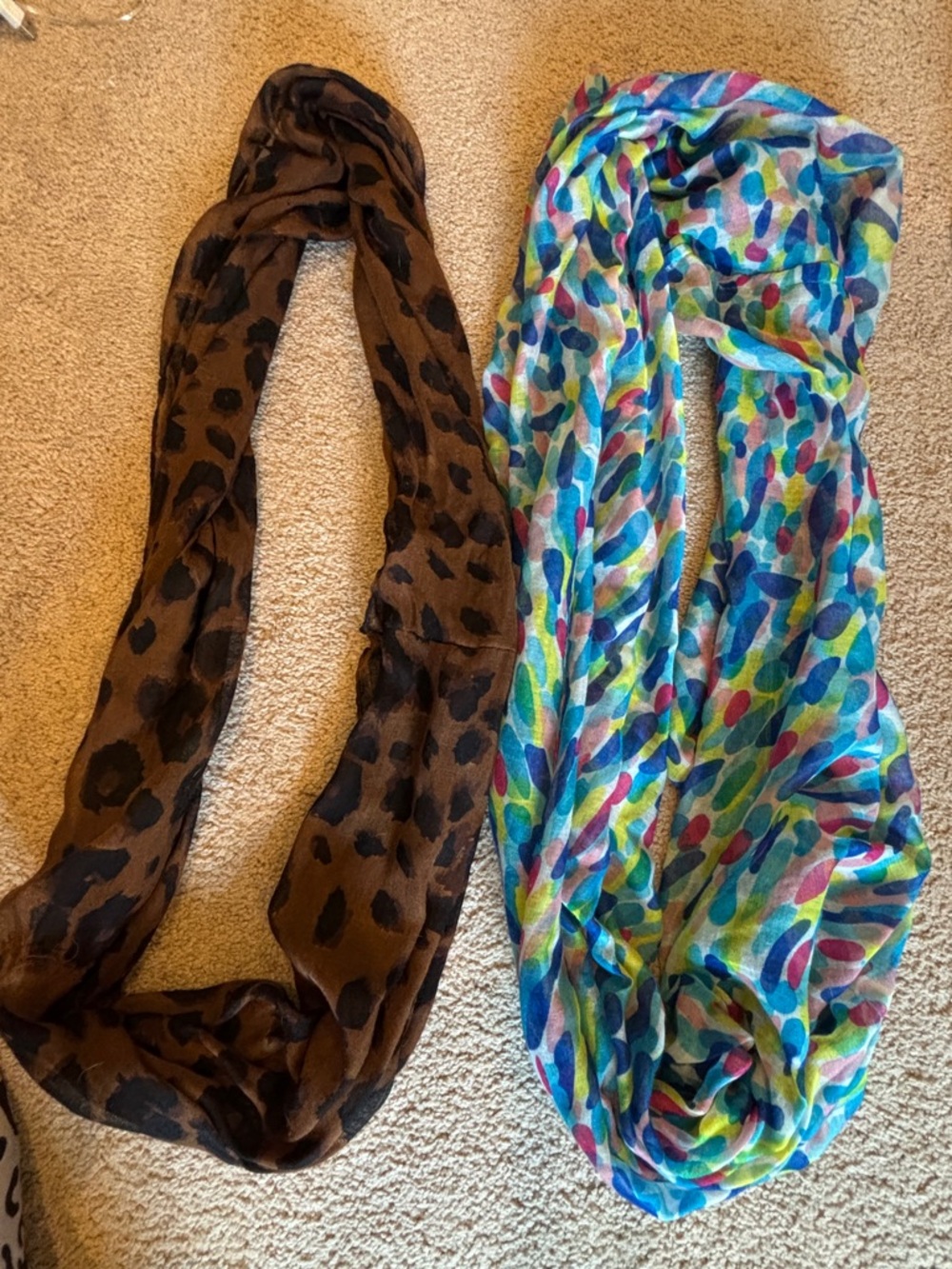 Two Infinity Scarves - Brown Leopard + Multicolor Abstract